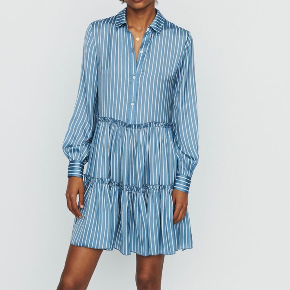 Maje Blue and White Striped Long Sleeve Tiered Shirt Dress